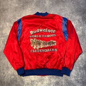 Vintage Budweiser World Famous Clydesdales Satin Bomber Jacket Red Blue USA Made